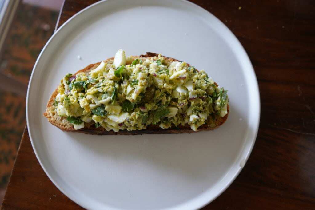 Load up the egg salad onto your fresh sourdough