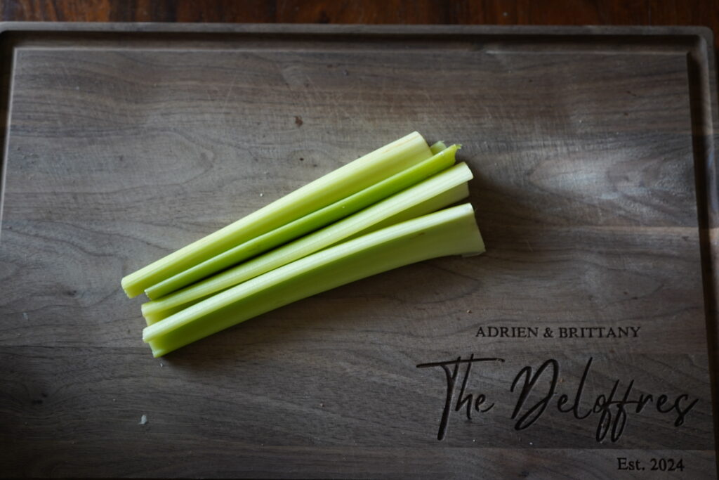 Celery ready to be chopped for the chicken recipe.