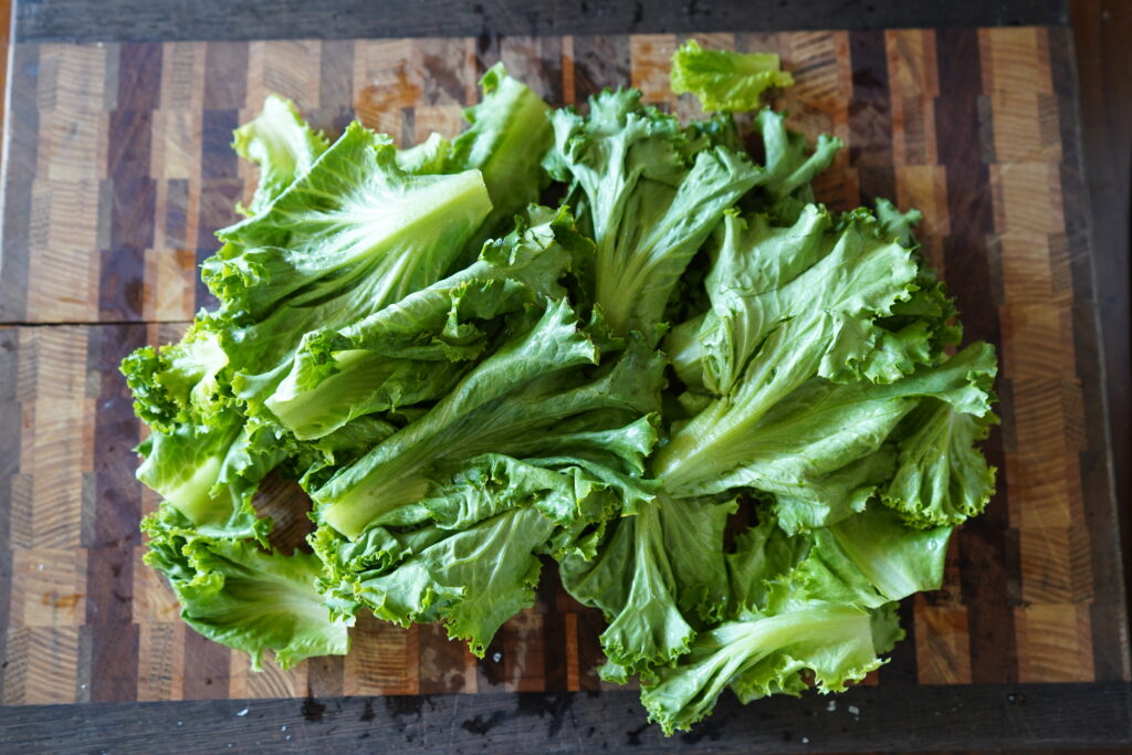 Green lettuce on a cutting board.