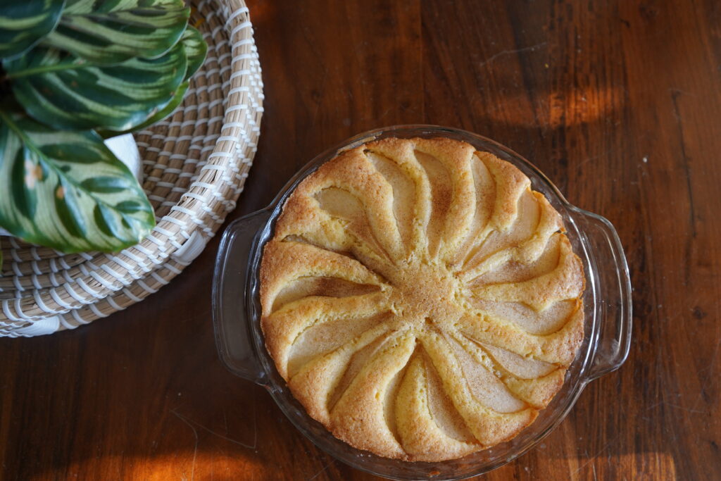 A Pear Tart sitting on s table