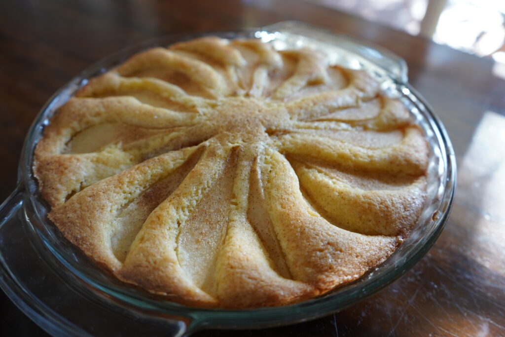 A finish tart with pear inside