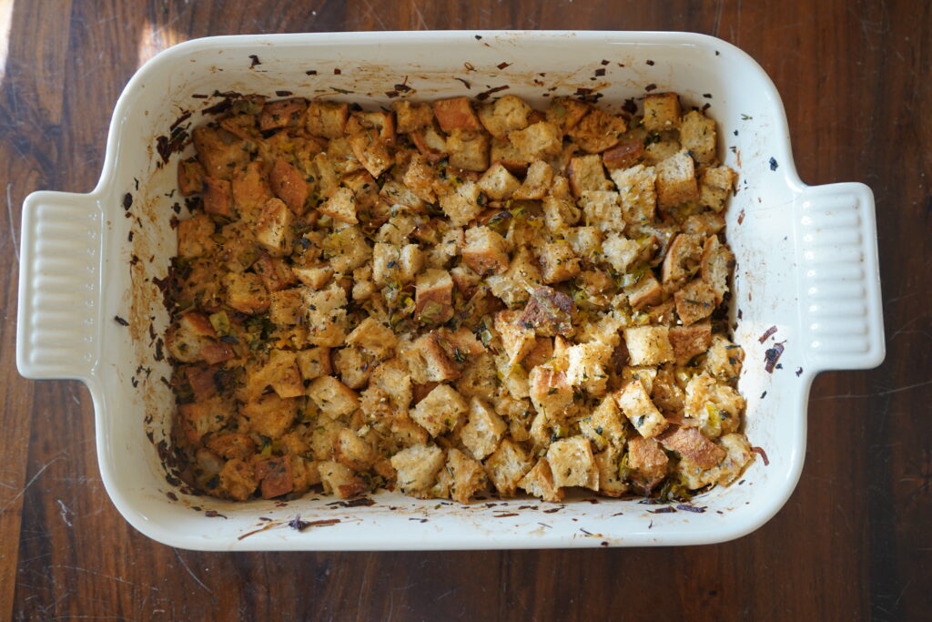 golden brown stuffing in a casserole dish