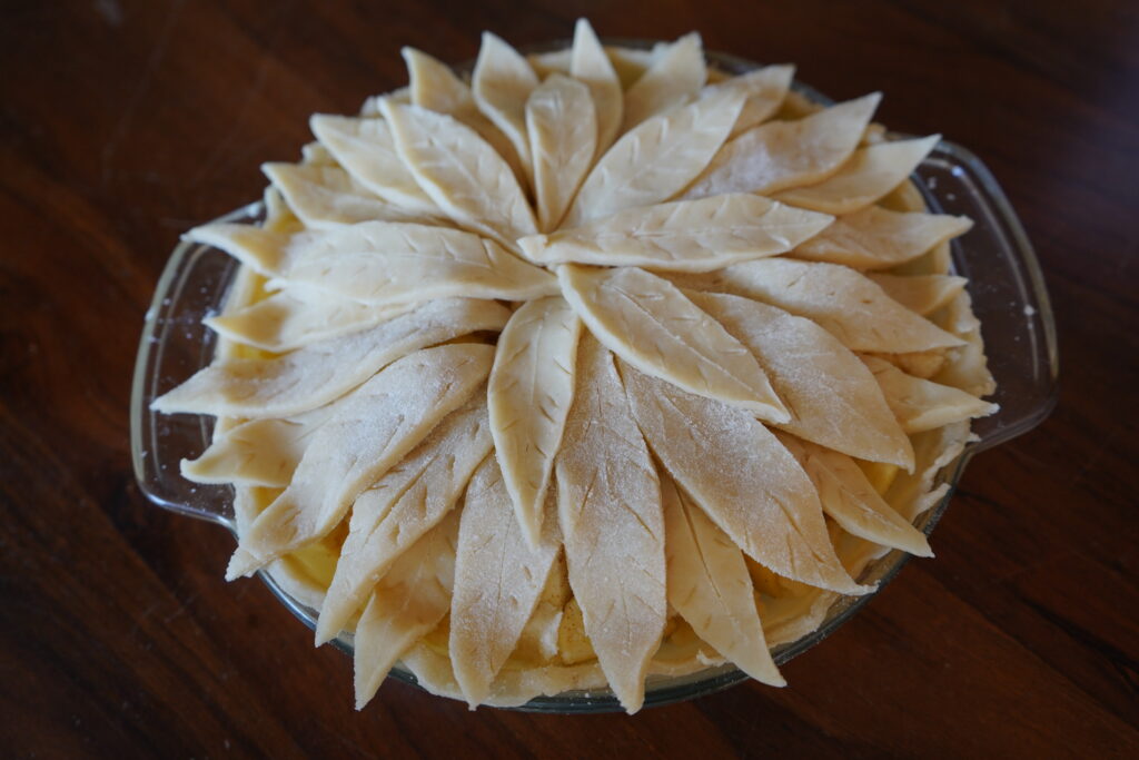 an apple pie with leaf crust