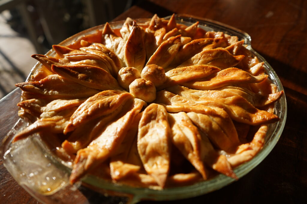 A Beautiful apple pie on a table, showcasing the apple pie recipe