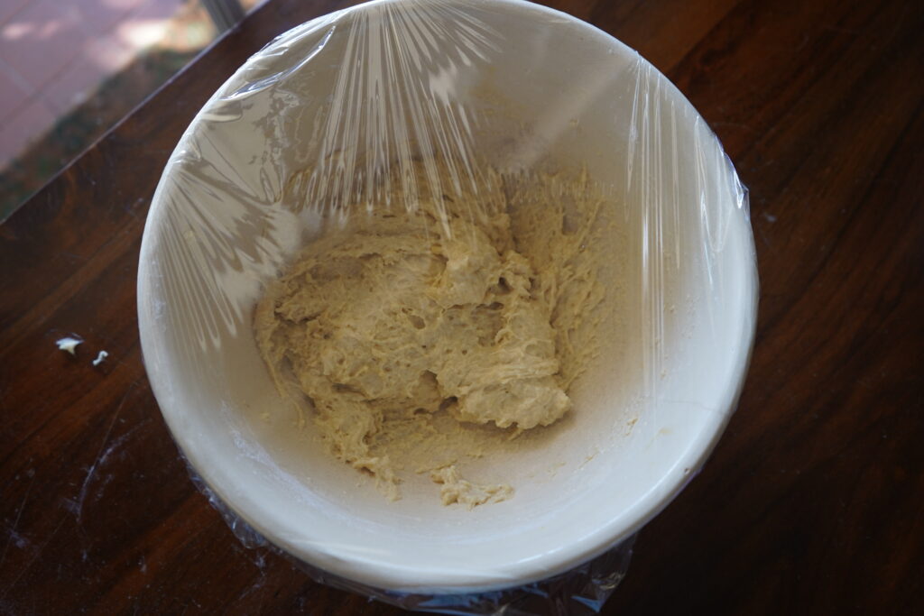 plastic wrap on a bowl of sticky dough