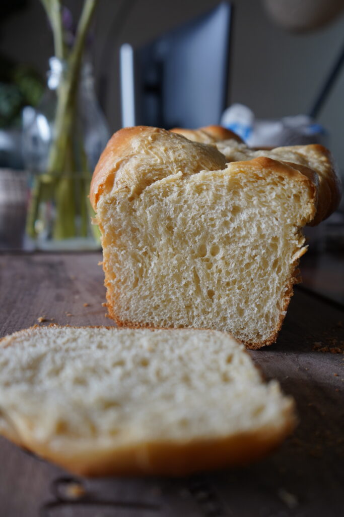 the crumb of a brioche loaf