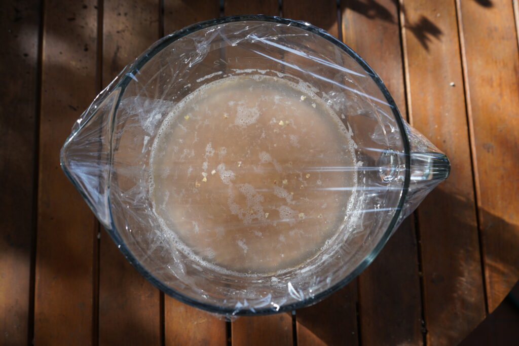 a glass mixing bowl with buckwheat and water in it and plastic wrap on top