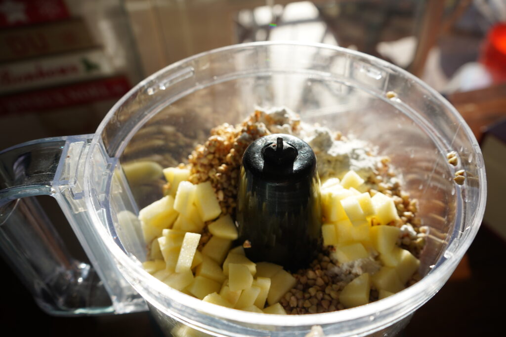 buckwheat in a food processor along with chopped apples 