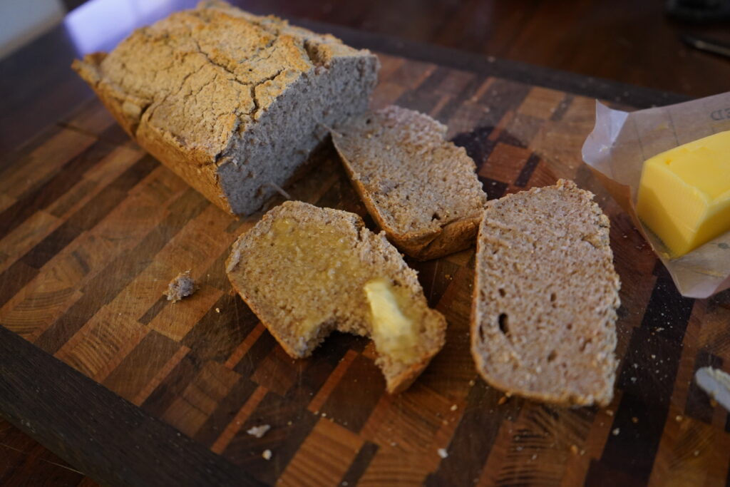 buckwheat loaf, slice on a cutting board