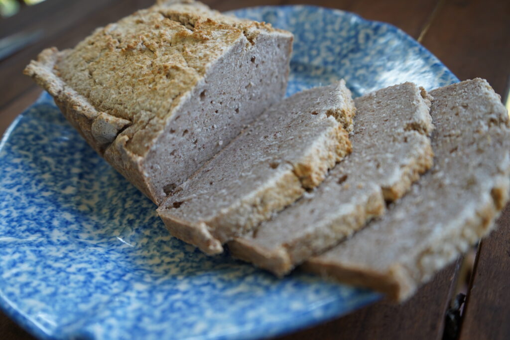 sliced buckwheat loaf on a plate