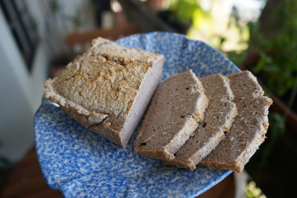 A buckwheat bread on a blue plate