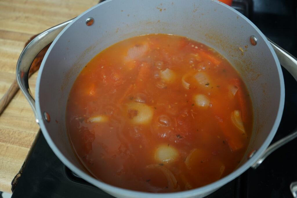 orange looking soup with vegetables floating