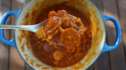 Rougail Saucisse in a pot
