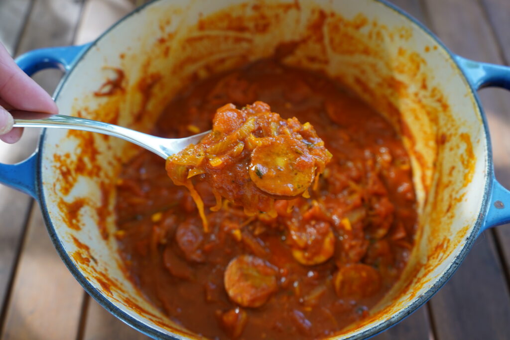 a french dish called Rougail Saucisse in a Dutch oven 