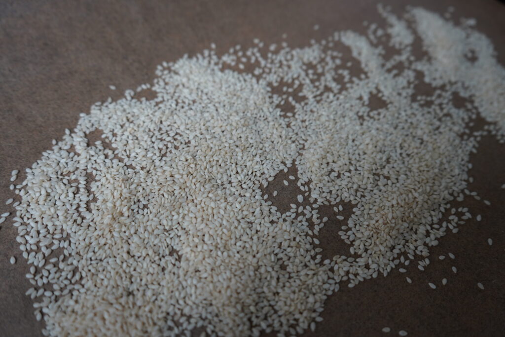 raw sesame seeds on a parchment lined baking dish