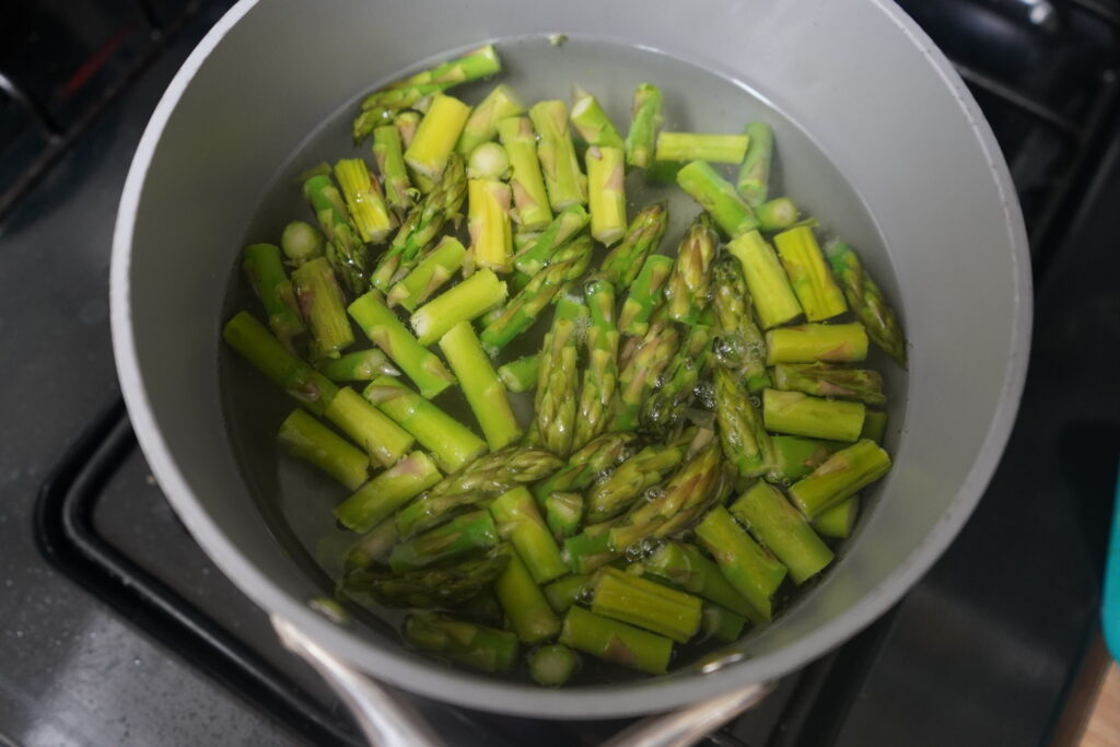 asparagus blanching in a pot