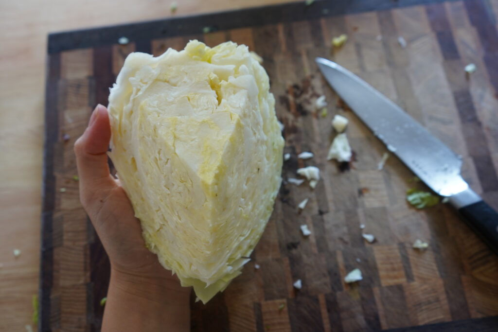 part of a cabbage being held in a hand