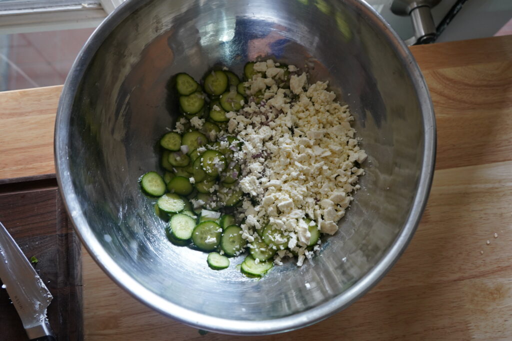 bowl of cucumber, feta and shallots