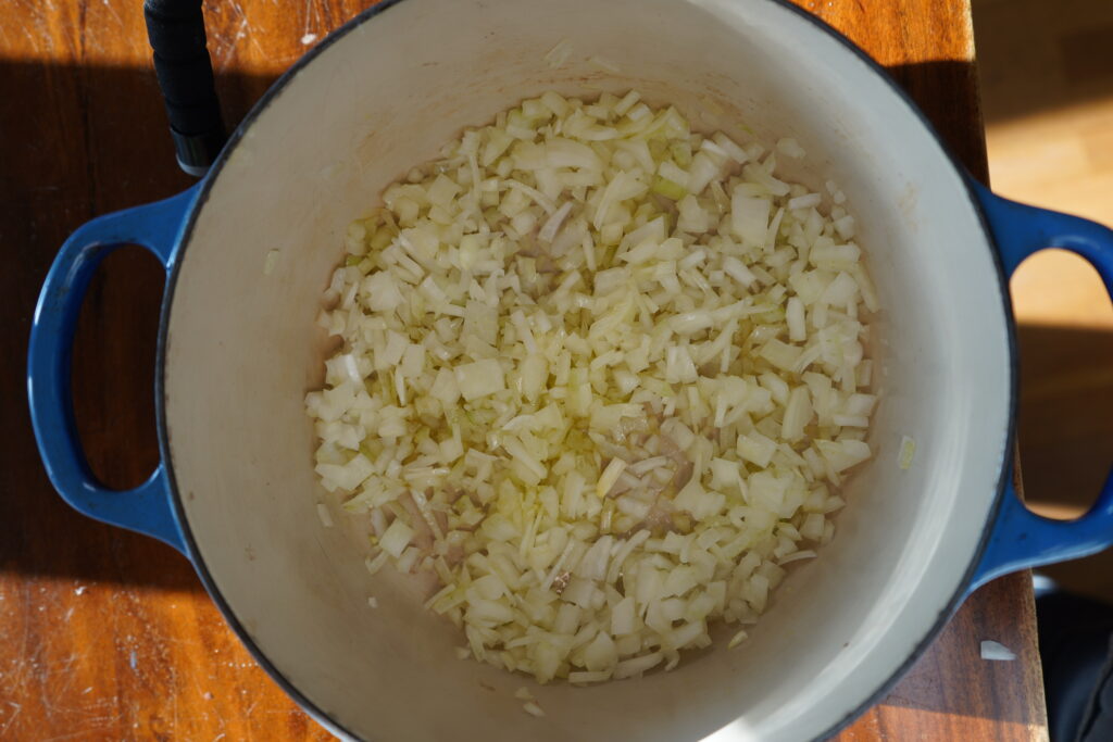 chopped onion in a dutch oven