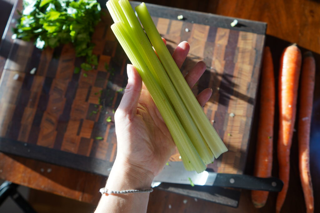 a hand holding celery sticks