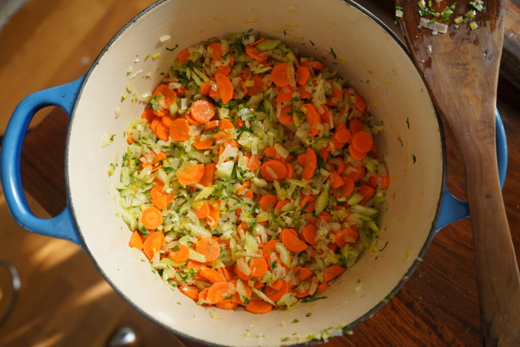 a Dutch oven filled with vegetables