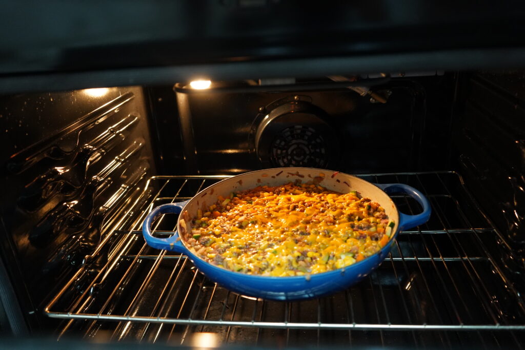 an enchilada skillet in an oven