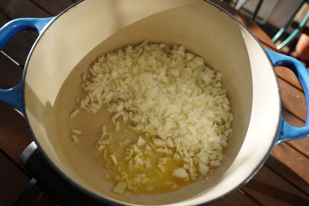 chopped onion in a dutch oven